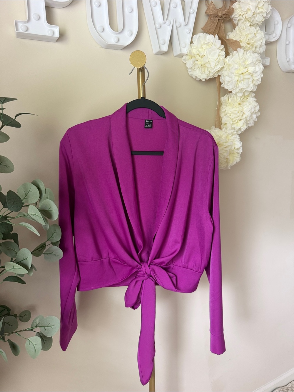 SHEIN Magenta Tie-Front Long Sleeve Blouse